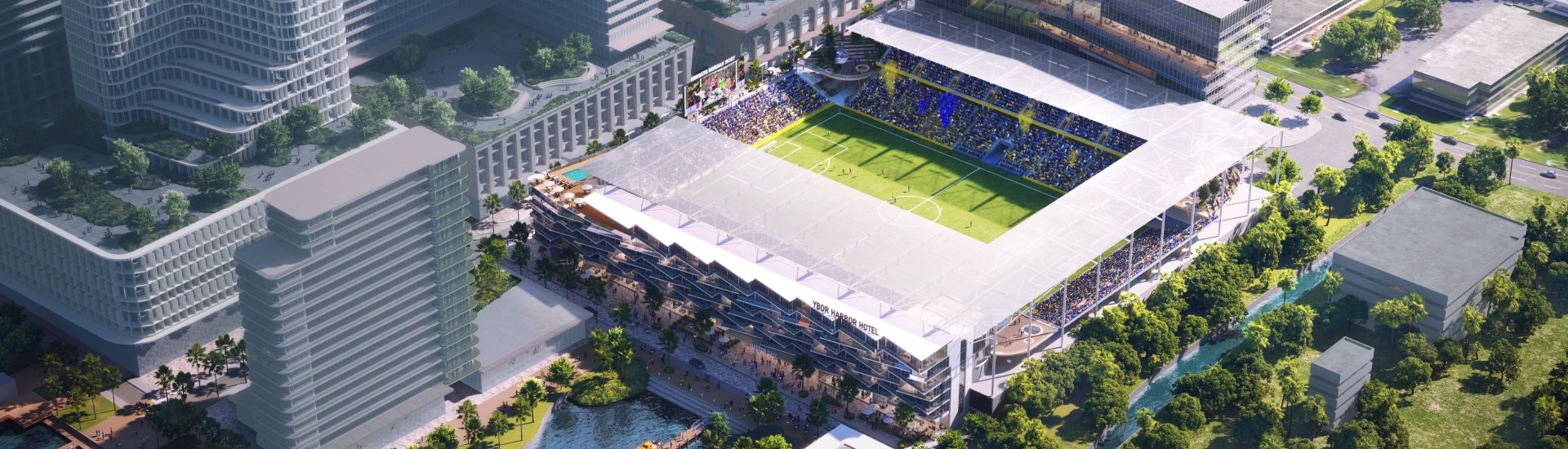 Rendering of Tampa Bay Sun FC vision for new Waterfront Stadium at Ybor Harbor
